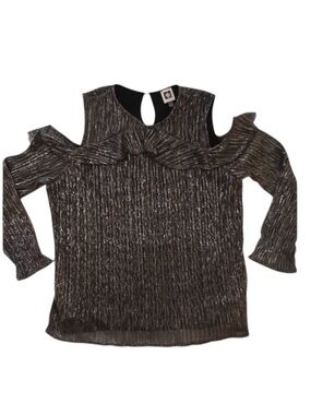 Anne Klein Metallic Cold Shoulder Long Sleeve Top Sparkle Black Silver Size 2X